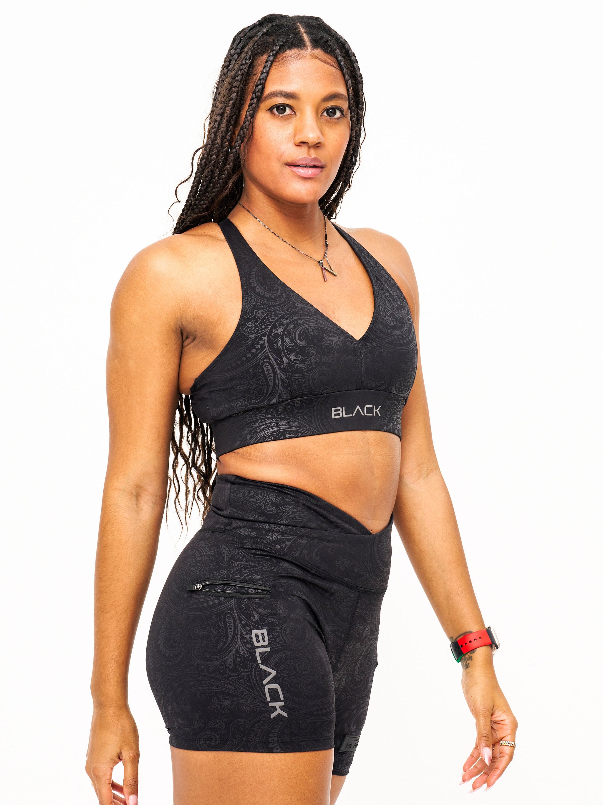 Women's Black Paisley V Cut Sports Bra