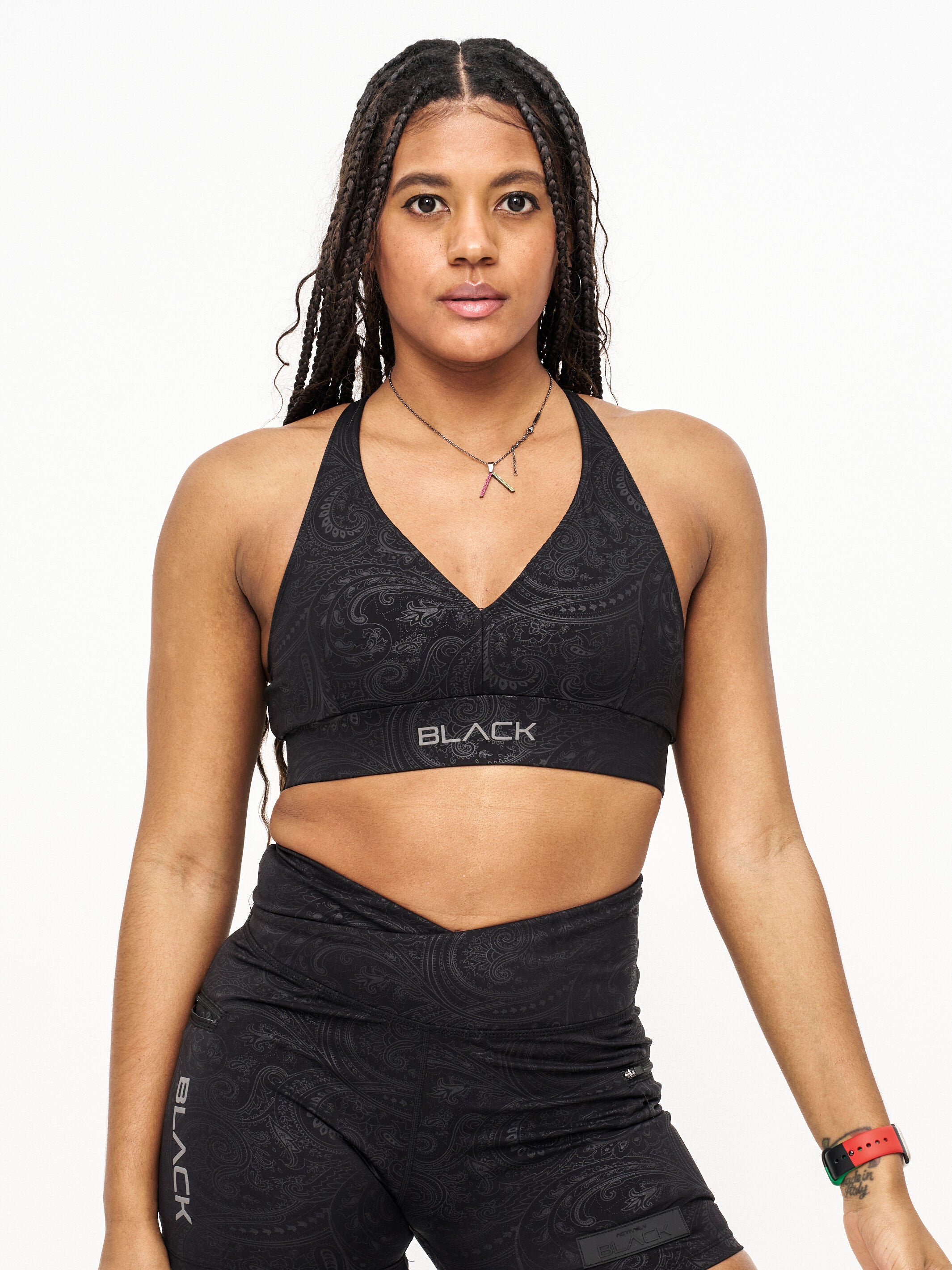 Women's Black Paisley V Cut Sports Bra
