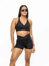 Women's Black Paisley V Cut Sports Bra