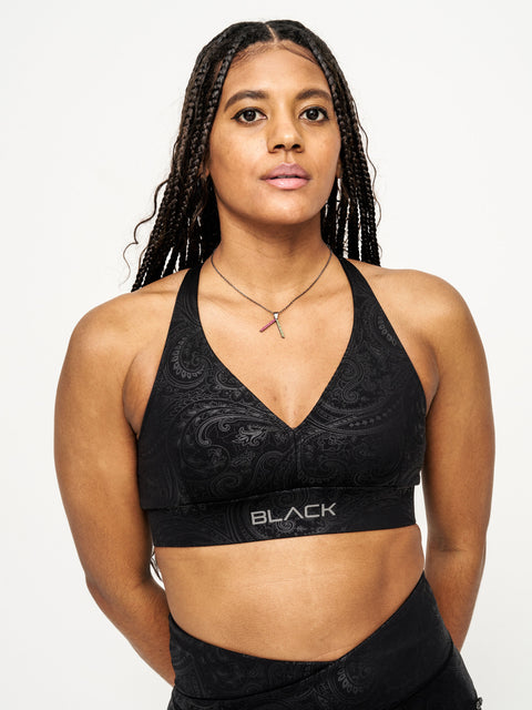 Women's Black Paisley V Cut Sports Bra