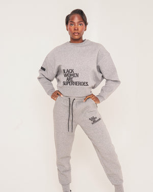 Actively Black Athleisure Wear grey fleece oversized crewneck sweatshirt and joggers with puff print logos. Premium Luxe Fleece.