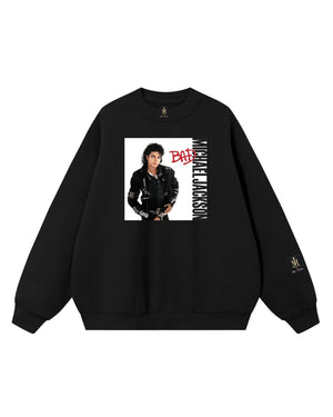 Actively Black Athleisure Wear black crewneck sweatshirt featuring Michael Jackson from the Bad album cover. Text reads "Bad" and "Michael Jackson".