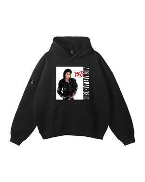 Actively Black Athleisure Wear black cotton hoodie featuring Michael Jackson's Bad album cover art and text.