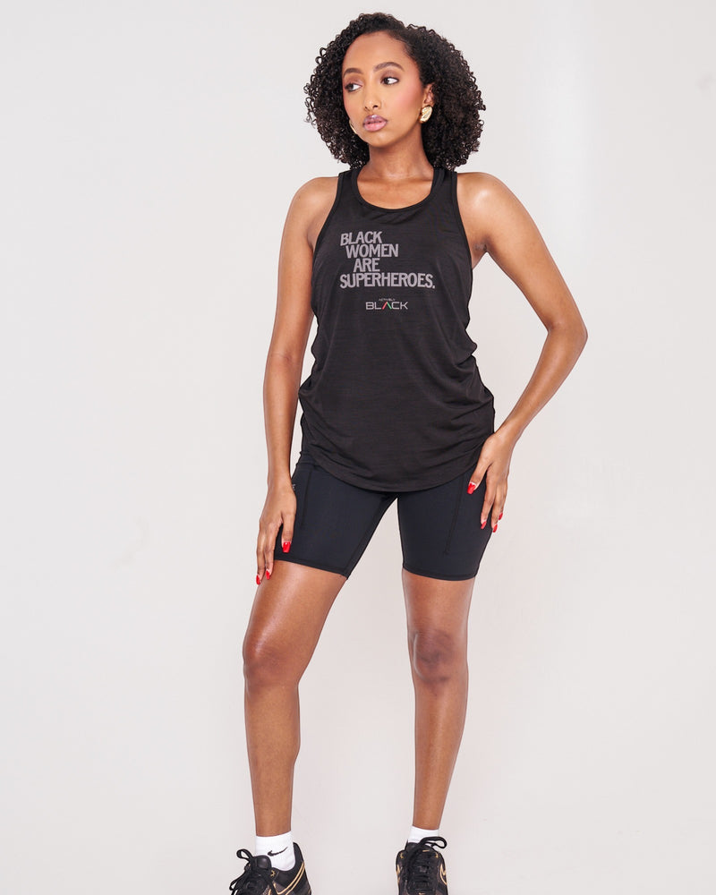 Actively Black Athleisure Wear women's black performance tank with "BLACK WOMEN ARE SUPERHEROES" graphic and relaxed fit.