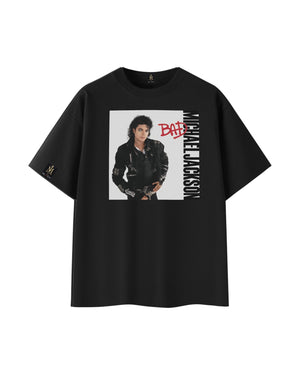 Actively Black Athleisure Wear Michael Jackson Bad album cover graphic tee. Black cotton t-shirt with iconic album art.